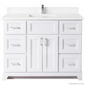 42-Inch Modern Vanity w/Square Handles & Quartz Top - White/Chrome | Stonewood