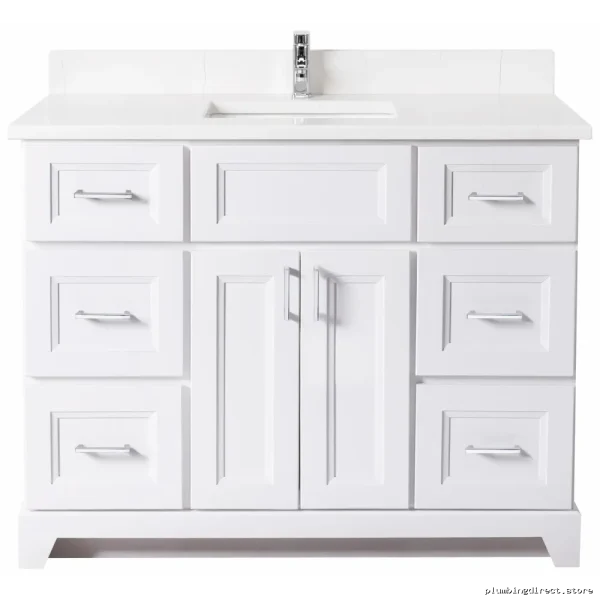 42-Inch Modern Vanity w/Square Handles & Quartz Top - White/Chrome | Stonewood