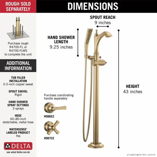 Dorval Handle-Free Floor Mount Tub Filler Trim - Champagne Bronze - Image 2