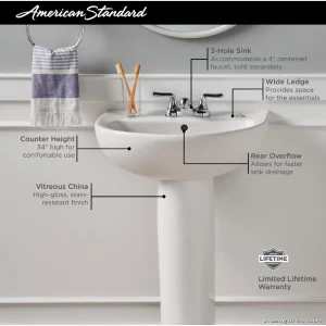 American Standard White Evolution Pedestal Sink Top - Stylish Centerset Design
