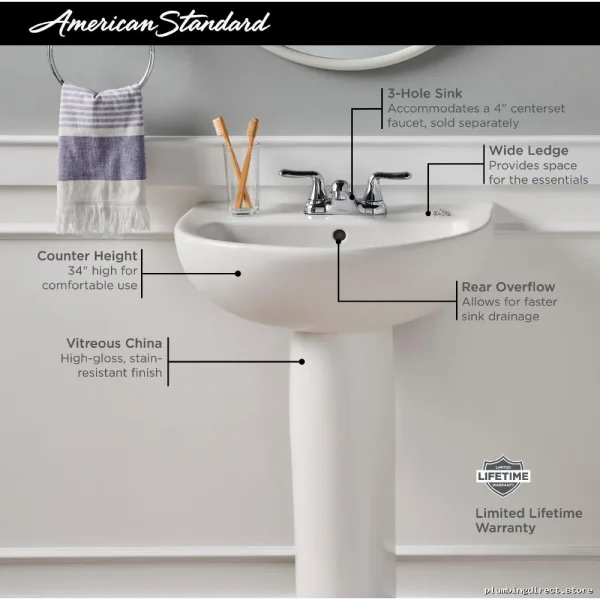 American Standard White Evolution Pedestal Sink Top - Stylish Centerset Design
