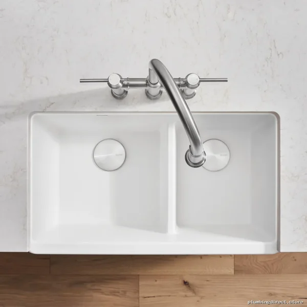 AprnFrontWhteDualBowlSilgrnitSinkLowDivBlanco - Image 3