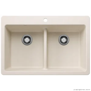 Blanco Soft White 33 Dual Mount Silgranit Kitchen Sink 2 Bowl Low Divide