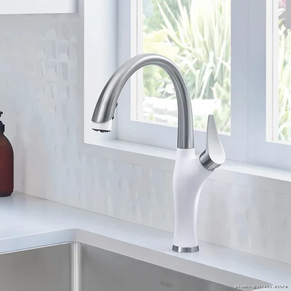 Blanco Stainless Steel Pull Down Kitchen Faucet with White Spray Head - Image 2