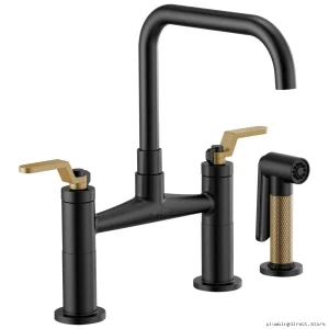 Brizo Industrial Bridge Faucet: Square Spout & Matte Black/Luxe Gold Handle - Model 62554LF-BLGL