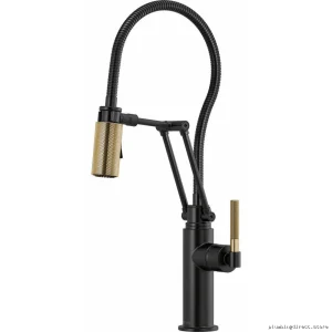 Brizo Articulating Kitchen Faucet with Polished Hose & Ergonomic Knurled Handle - Matte Black/Luxe Gold