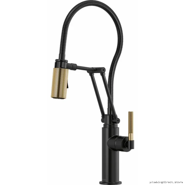Brizo Articulating Kitchen Faucet with Polished Hose & Ergonomic Knurled Handle - Matte Black/Luxe Gold