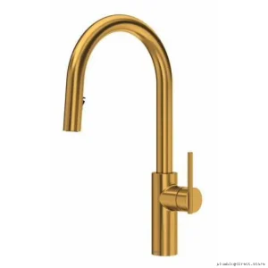 Side-Mount Kitchen Faucet with Pull-Down Sprayer C Spout in Brushed Gold (LT201BG) by RIOBEL