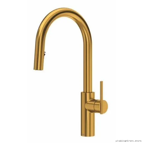 Side-Mount Kitchen Faucet with Pull-Down Sprayer C Spout in Brushed Gold (LT201BG) by RIOBEL