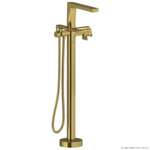 RioBel Brushed Gold Lever Handle Floor Mount Tub Filler Trim