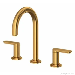 Brushed Gold Widespread Bath Faucet with C-Spout & Low-Flow Lever Handles