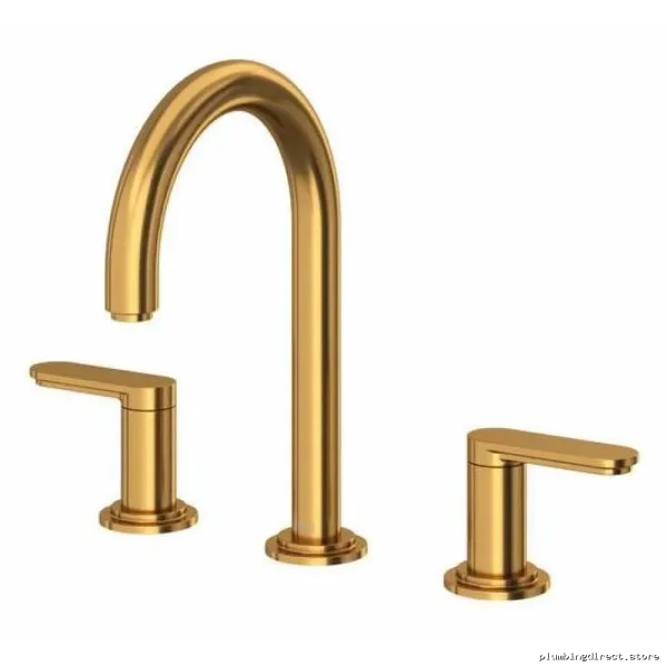 Brushed Gold Widespread Bath Faucet with C-Spout & Low-Flow Lever Handles