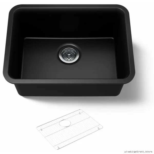 Cairn 24.5\" Single Bowl Undermount Neoroc Sink w/ Rack - Matte Black Kohler - Image 3