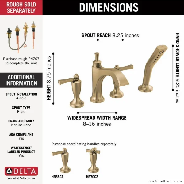 Dorval Roman Tub Faucet Trim with Hand Shower (Fewer Handles) - Champagne Bronze - Image 2