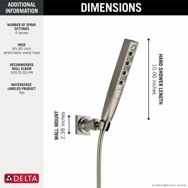 Adjustable 5-Setting Wall Mount Hand Shower | Lumicoat Stainless Delta - Image 3
