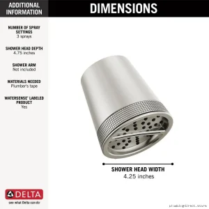 Delta Adjustable Spray Shower Head - 3 Settings & Lumicoated Stainless Steel
