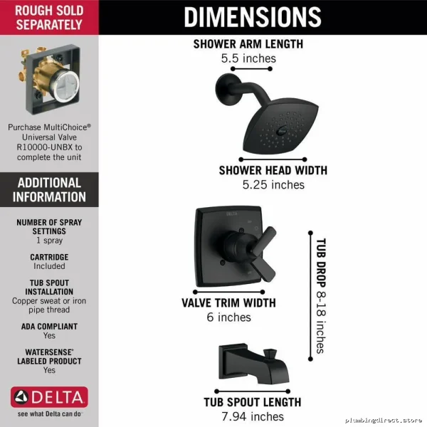 Delta Ashlyn 17" Matte Black Shower Trim with Monitor Valve T17464-BL - Image 2