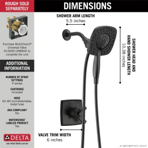 Delta Ashlyn 17 Series Matte Black Shower Trim with In2ition Handheld Spray T17264-BL-I