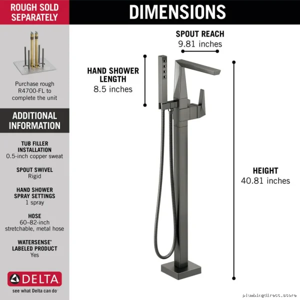 Delta T4743-KS-PR-FL Black Stainless Floor Mount Tub Filler Trim - Lumicoat - Image 2