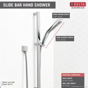 Delta Chrome Hand Shower 3-Setting H2Okinetic Slide Bar - Pivotal Design
