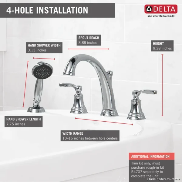 Delta Chrome Roman Tub Faucet with Hand Shower - Woodhurst T4732 Trim - Image 2