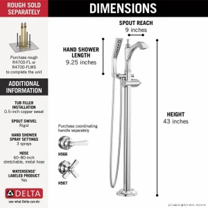 Delta Chrome Tub Filler Trim - Floor Mount No Handles Model T4756-LHP-FL
