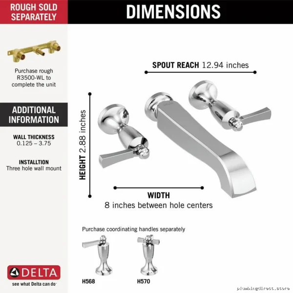 Delta Chrome Wall-Mount Tub Filler Trim - 2 Handle Design T5756-LHP-WL - Image 2