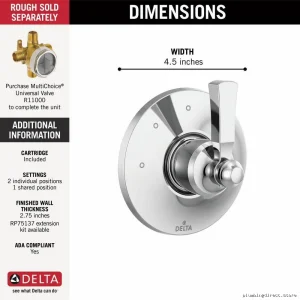 Delta Dorval Chrome 3-Way Shower Diverter Trim T11856 - Easy Water Flow Control