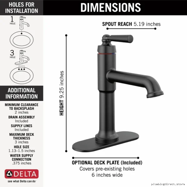 Delta Matte Black Single Hole Bathroom Faucet - Modern 536-BLMPU-DST Design - Image 4