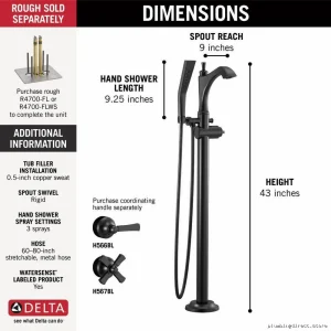 Delta Matte Black Dorval Tub Filler Trim - Floor Mount, No Handles, T4756-BLLHP-FL