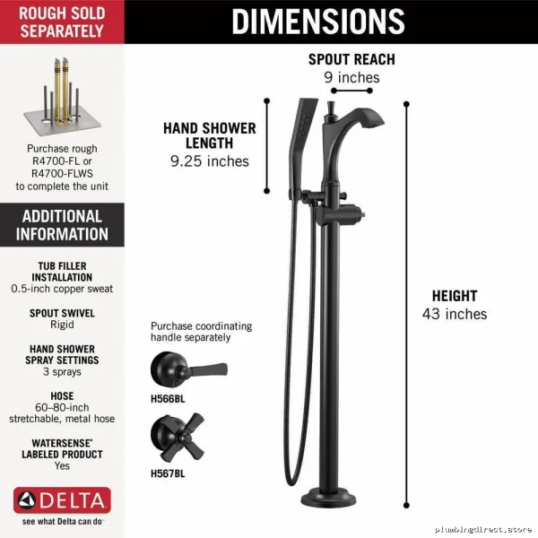 Delta Matte Black Dorval Tub Filler Trim - Floor Mount, No Handles, T4756-BLLHP-FL