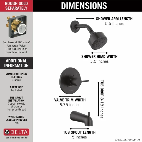 Delta Matte Black Tub Shower Trim Kit with Cylindrical Project Pack - Image 3