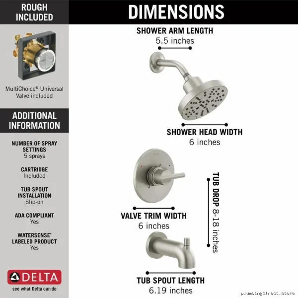 Delta Nicoli 14 Series Stainless Tub & Shower Trim Kit with Valve No Stops - Image 5