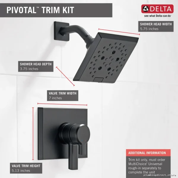 Pivotal 17" H2Okinetic Shower Trim - Premium Matte Black T17299-BL Delta - Image 3