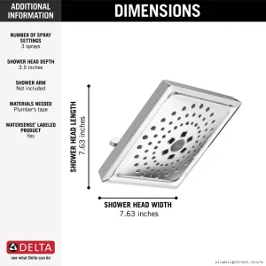 Delta Rainfall Shower Head with 3-Spray Settings & H2Okinetic Water Saving Technology