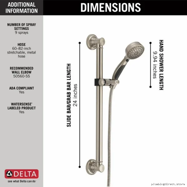 Delta Stainless Steel Handheld Shower with 9 Spray Modes and Slide Bar - Image 3
