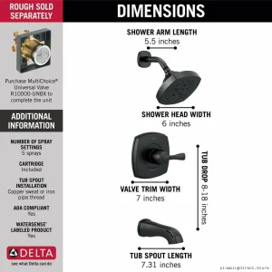 Delta Matte Black Stryke 14 Tub Shower Trim Kit T14476-BL