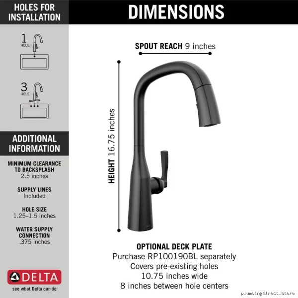 Delta Stryke Matte Black Kitchen Faucet with Pulldown Spray - Model 9176-BL-DST - Image 2