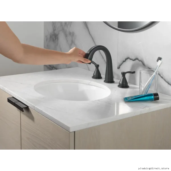 Matte Black Delta Stryke Widespread Bath Faucet with Pull-Down Spray