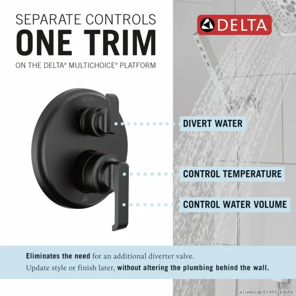 Delta Tetra Monitor 14 Valve Trim - 3-Setting Diverter, Matte Black Finish T24889-BL - Image 3