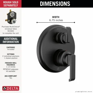 Delta Tetra Monitor 14 Valve Trim - 3-Setting Diverter, Matte Black Finish T24889-BL