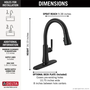 Coranto Touch-Activated Kitchen Faucet w/ Pulldown Spray & Shield Design - Matte Black 9179T-BL-DST Delta