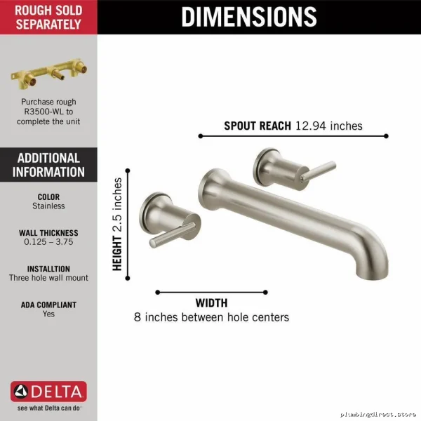 Delta Wall Mount Shower Faucet Trim - Stainless Steel Modern Tub Filler Trim T5759-SSWL - Image 5