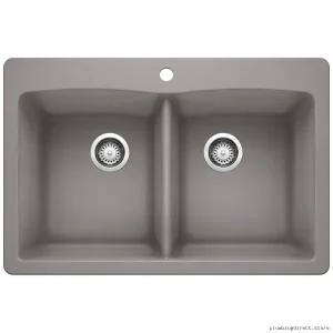 Diamond 2 Bowl Easy Install Drop In Silganite Sink Metal Gray & Blan