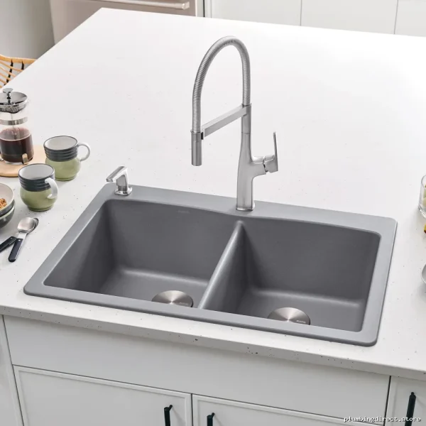 Diamond 2 Bowl Easy Install Drop In Silganite Sink Metal Gray & Blan - Image 3