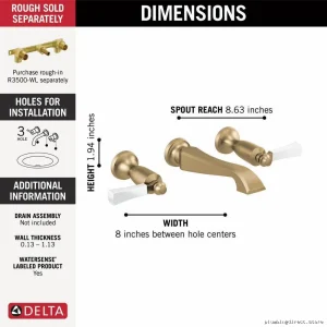 Dorval Modern Two Lever Handles Wall-Mounted Bath Faucet Trim Set – Champagne Bronze & Porcelain Finish GSWLDelta