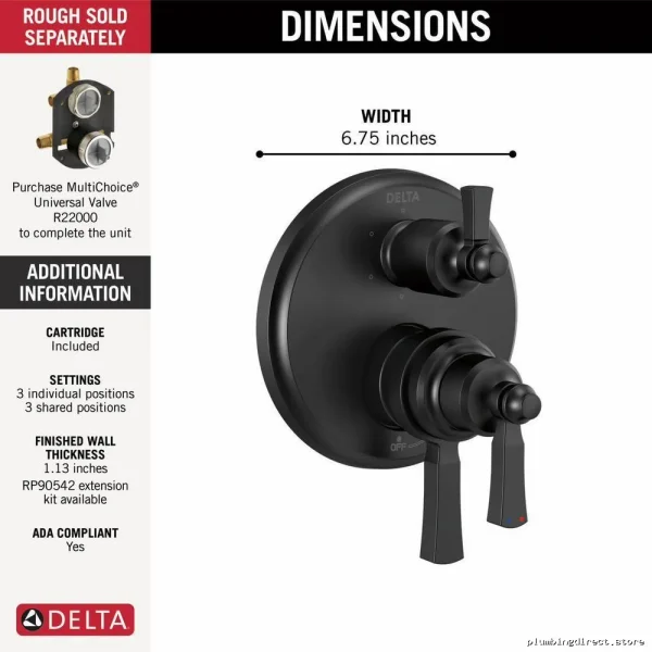 Dorval Monitor 17 Series Valve Trim with Integrated 6-Setting Diverter - Matte Black T27956-BL Delta - Image 2