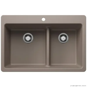 Liven 33 Inch 1.75 Bowl Dual Mount Low Divide Silgranit Kitchen Sink - Truffle Blanco