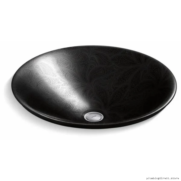 Elegant Kohler Sartorial Paisley Carillon Round Bathroom Vessel Sink - Matte Black Model #
