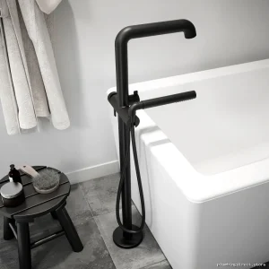 Pressure Balanced Floor-Mount Tub Fillers w/Hand Shower in Matte Black